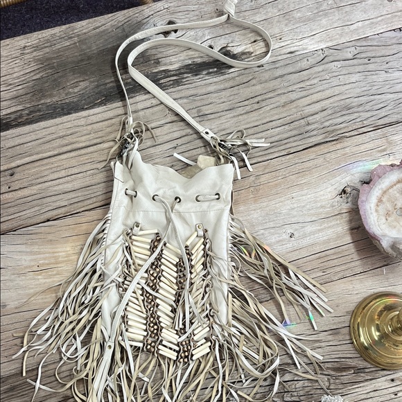 Spell Handbags - Spell Cream Fringe Crossbody with Beaded Accent